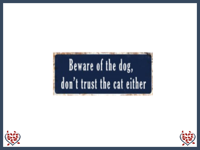 BEWARE OF THE DOG, DON'T TRUST THE CAT EITHER ~ METAL SIGN |  Wall Decor - Paul Martyn Interiors