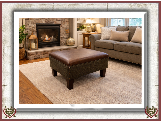 FOOTSTOOL WITH HARRIS TWEED AND LEATHER
