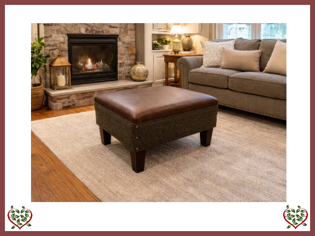 FOOTSTOOL WITH HARRIS TWEED AND LEATHER