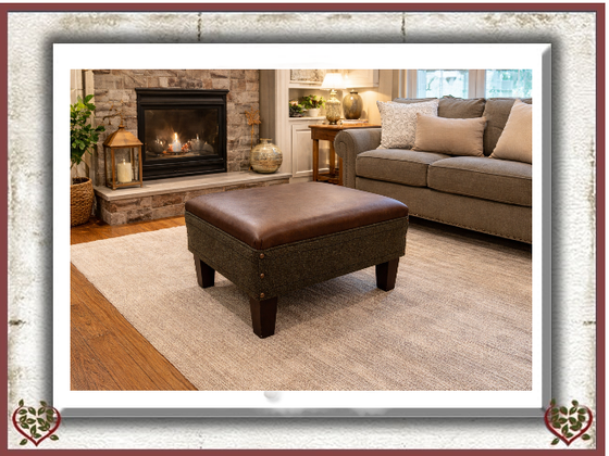 FOOTSTOOL WITH HARRIS TWEED AND LEATHER