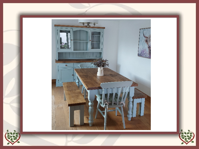 RUSTIC FINISH TABLE, BENCHES & MATCHING DRESSER