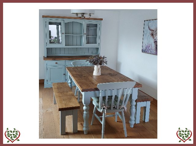 RUSTIC FINISH TABLE, BENCHES & MATCHING DRESSER