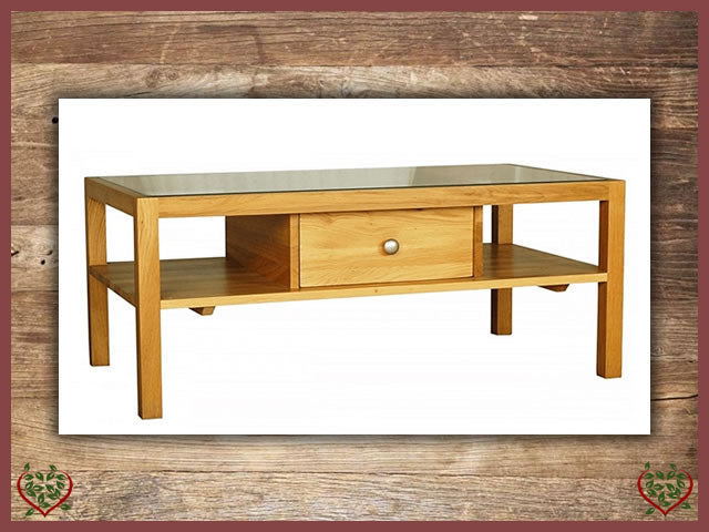 ELEGANCE OAK COFFEE TABLE 1 DRAWER, GLASS TOP | Paul Martyn Furniture UK